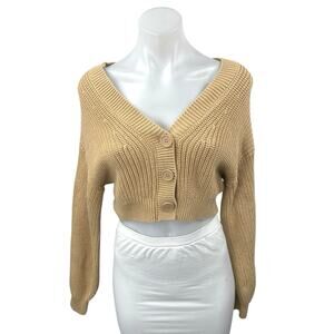 H&M Tan Khaki Long Sleeve V Neck Button Down Cropped Cardigan Sweater Top XS